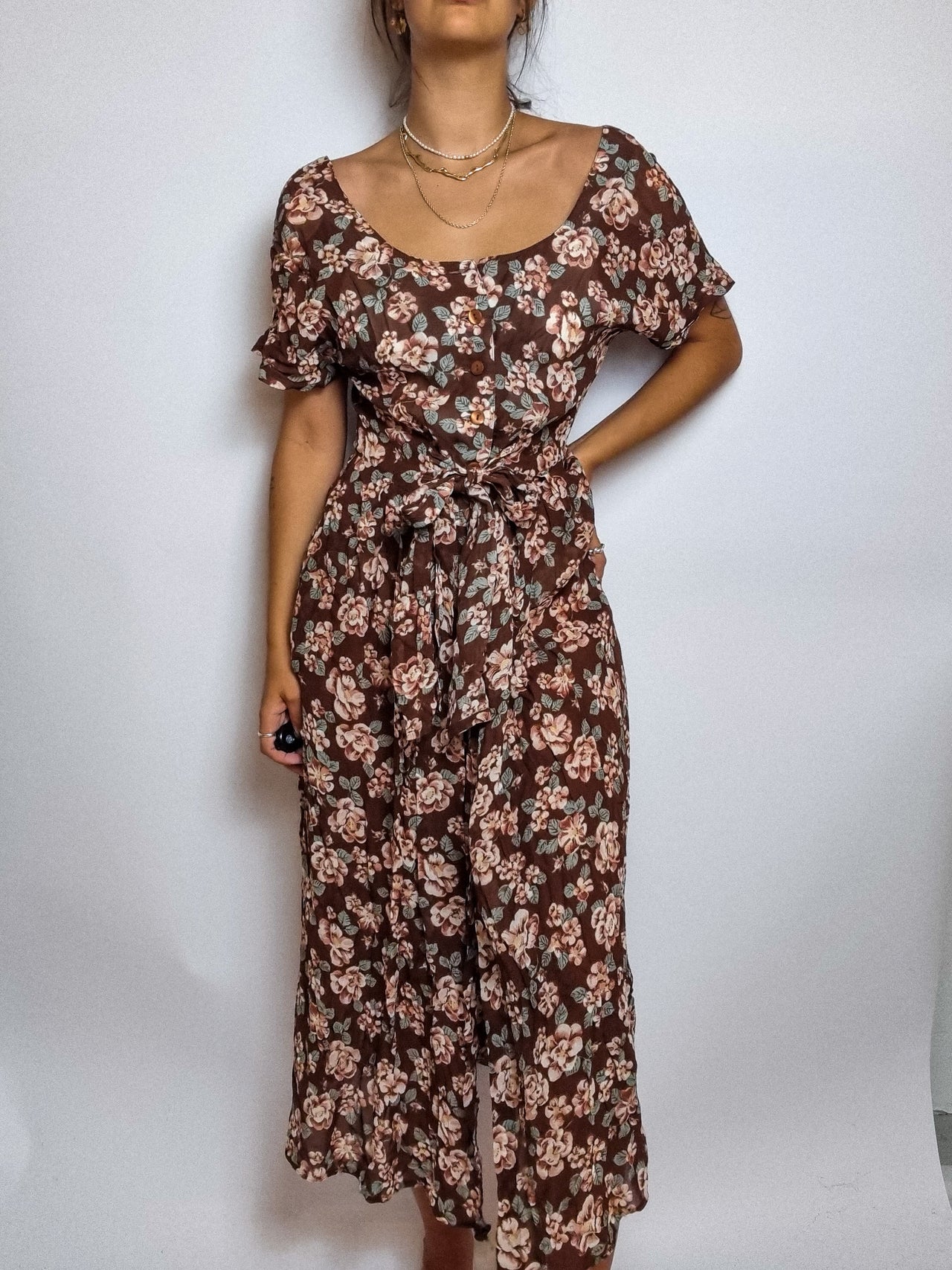 Robe à fleurs brune vintage S