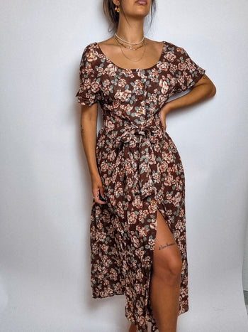 Robe à fleurs brune vintage S