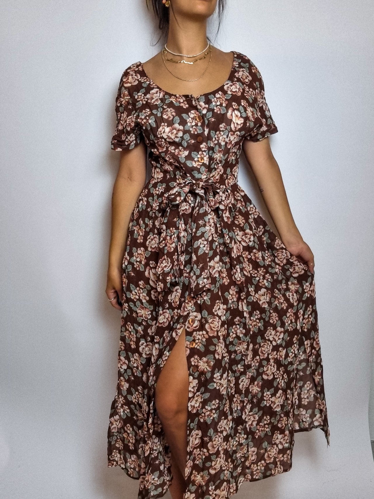 Robe à fleurs brune vintage S