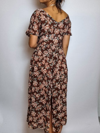 Robe à fleurs brune vintage S