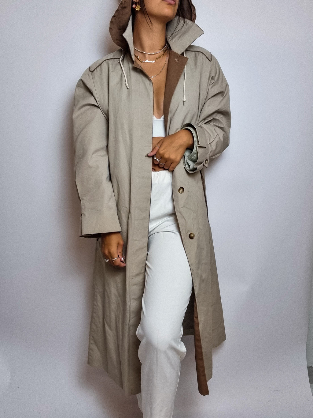 Lined trench coat with hood vintage beige M/L 