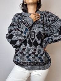 Gray vintage patterned wool sweater L 