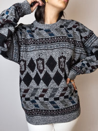 Gray vintage patterned wool sweater L 
