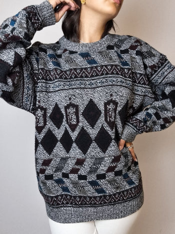 Pull en laine à motifs vintage gris L