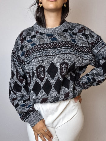 Pull en laine à motifs vintage gris L