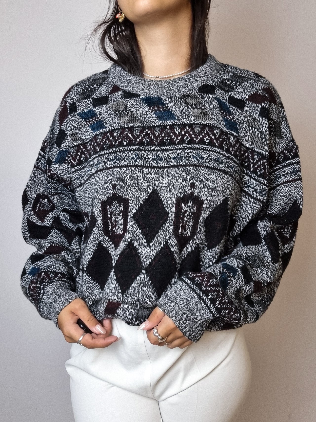 Grauer Vintage-gemusterter Wollpullover L 