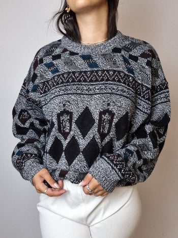 Pull en laine à motifs vintage gris L