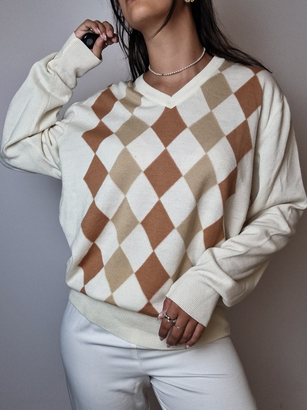 Cream checked wool sweater S 