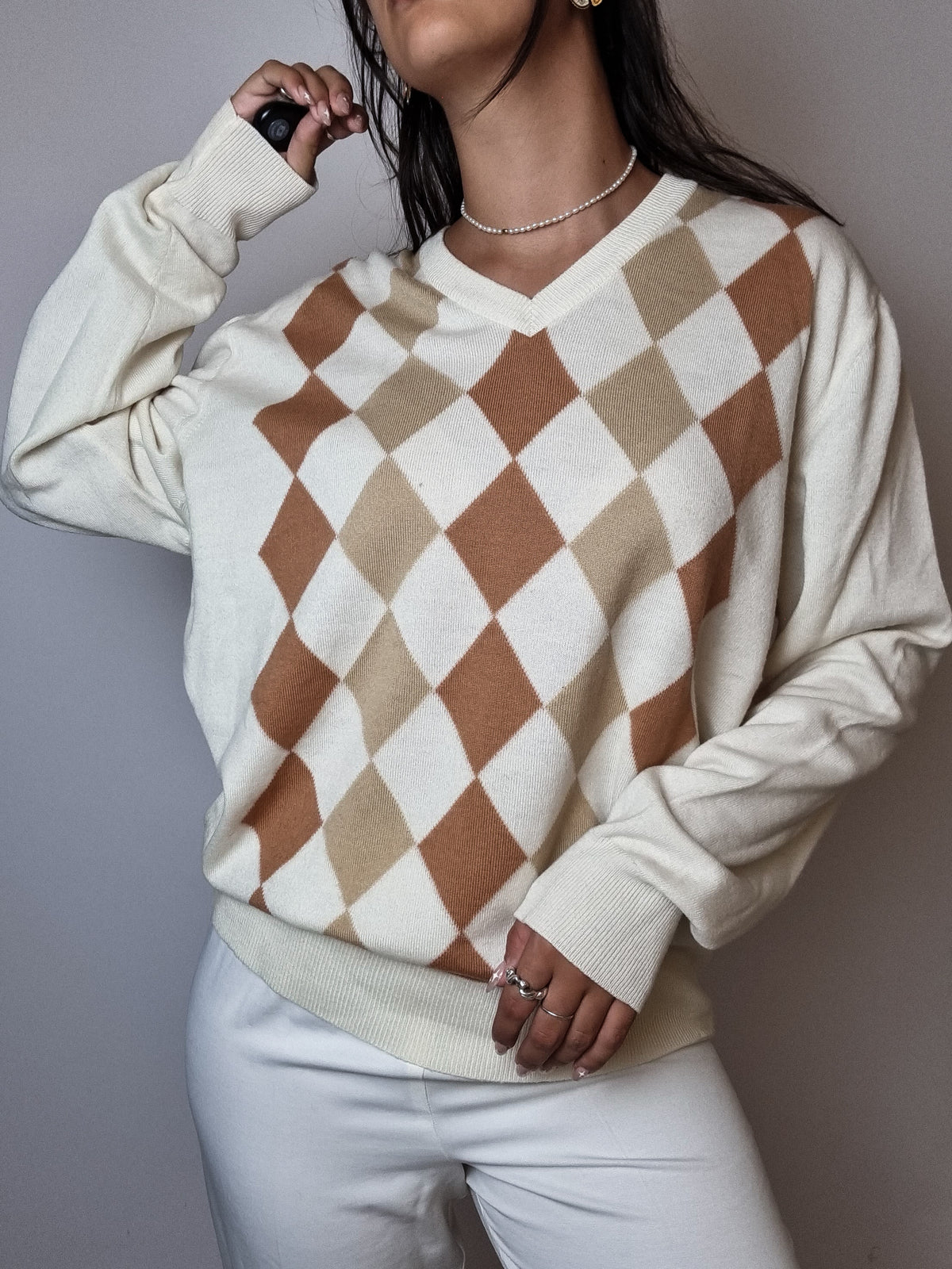 Cream checked wool sweater S 