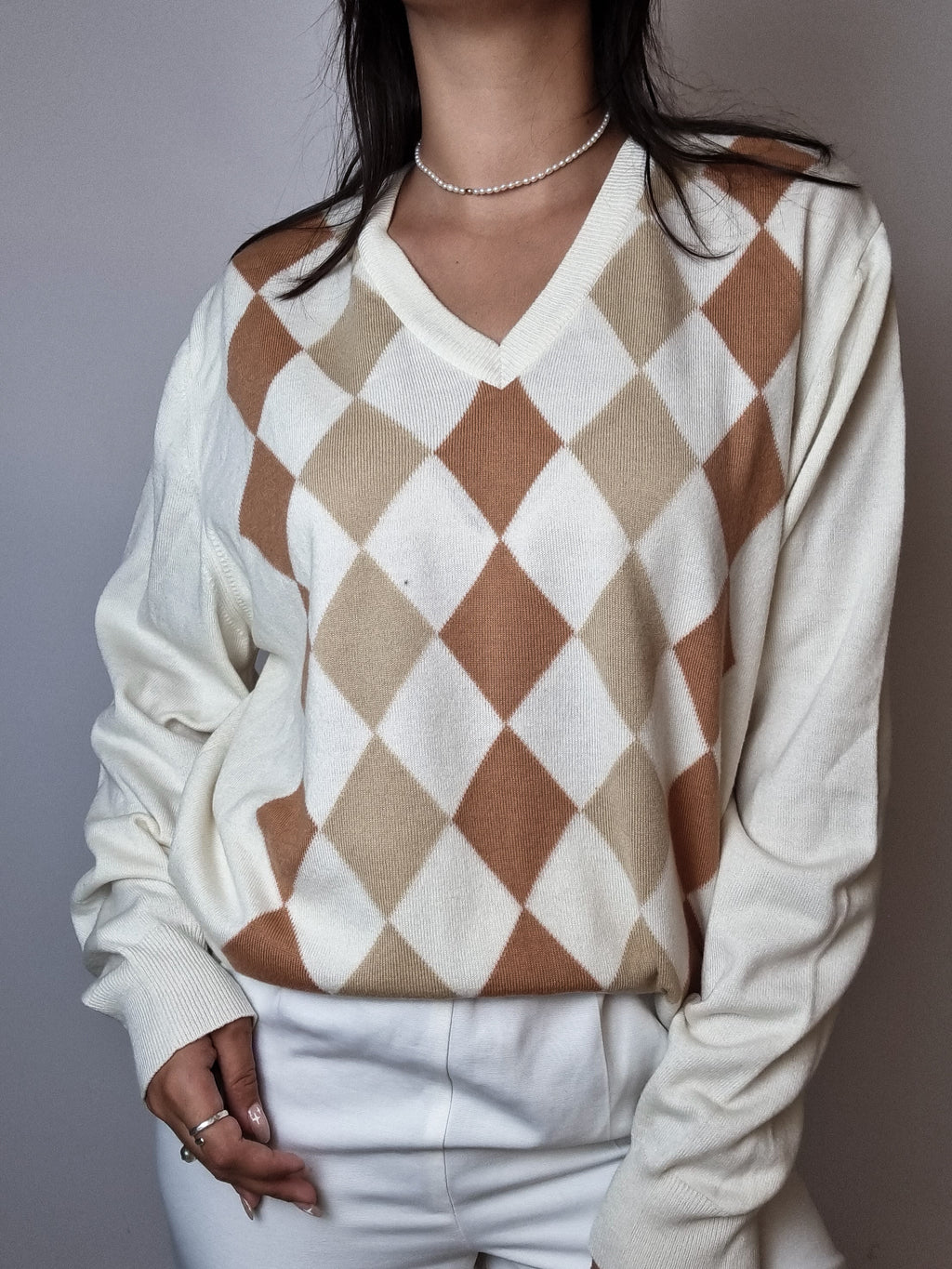 Cream checked wool sweater S 