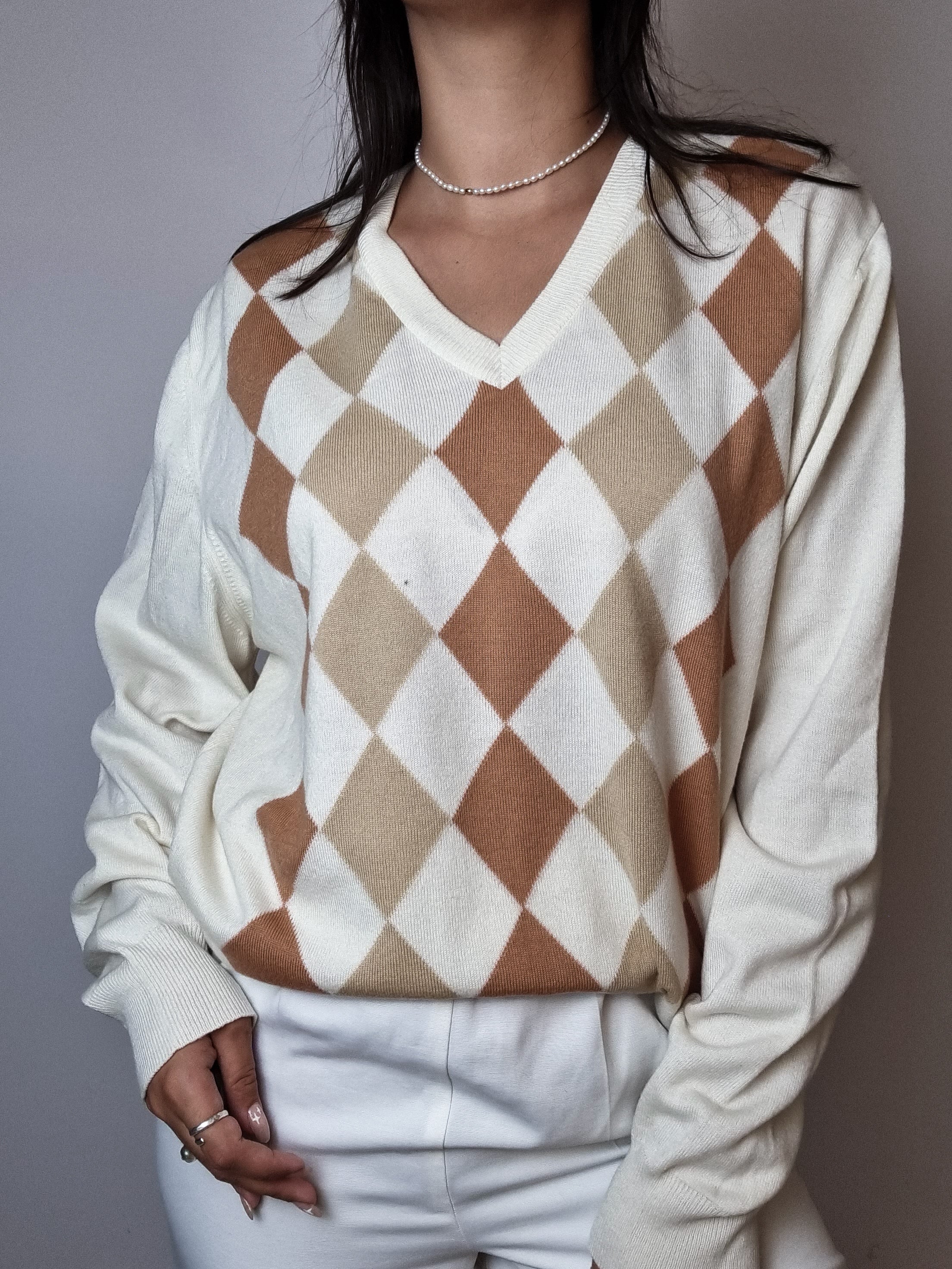 Cream checked wool sweater S 