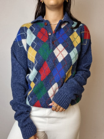 Blue vintage checked wool sweater S/M