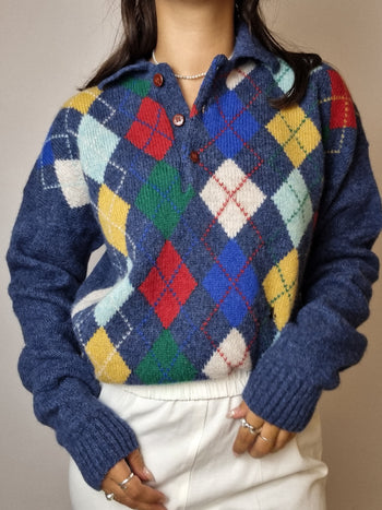 Blue vintage checked wool sweater S/M