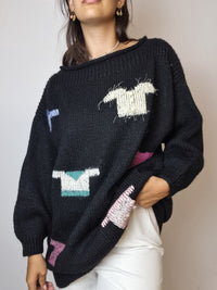 Embroidered black wool sweater L 