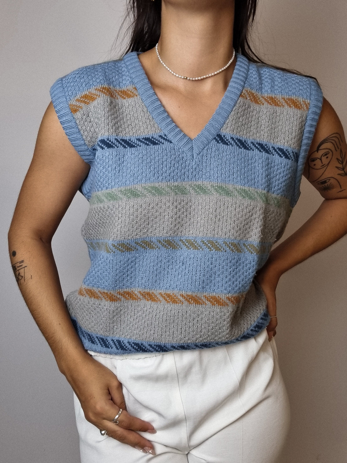 Gilet vintage sans manche en maille bleu M