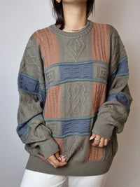 Vintage beige, pink and blue wool sweater L