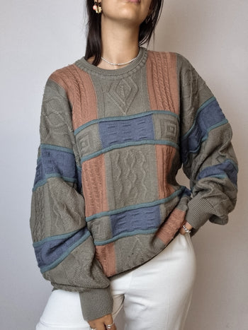 Pull en laine beige, rose et bleu vintage L