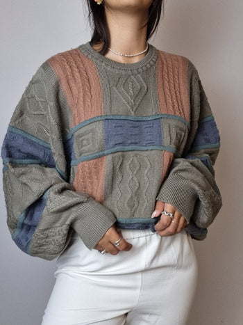 Pull en laine beige, rose et bleu vintage L