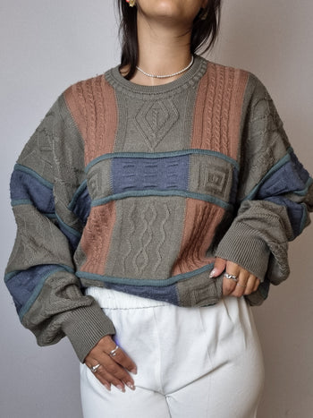 Pull en laine beige, rose et bleu vintage L