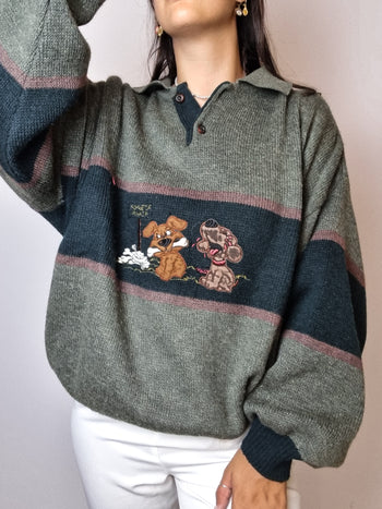 Green embroidered wool sweater L