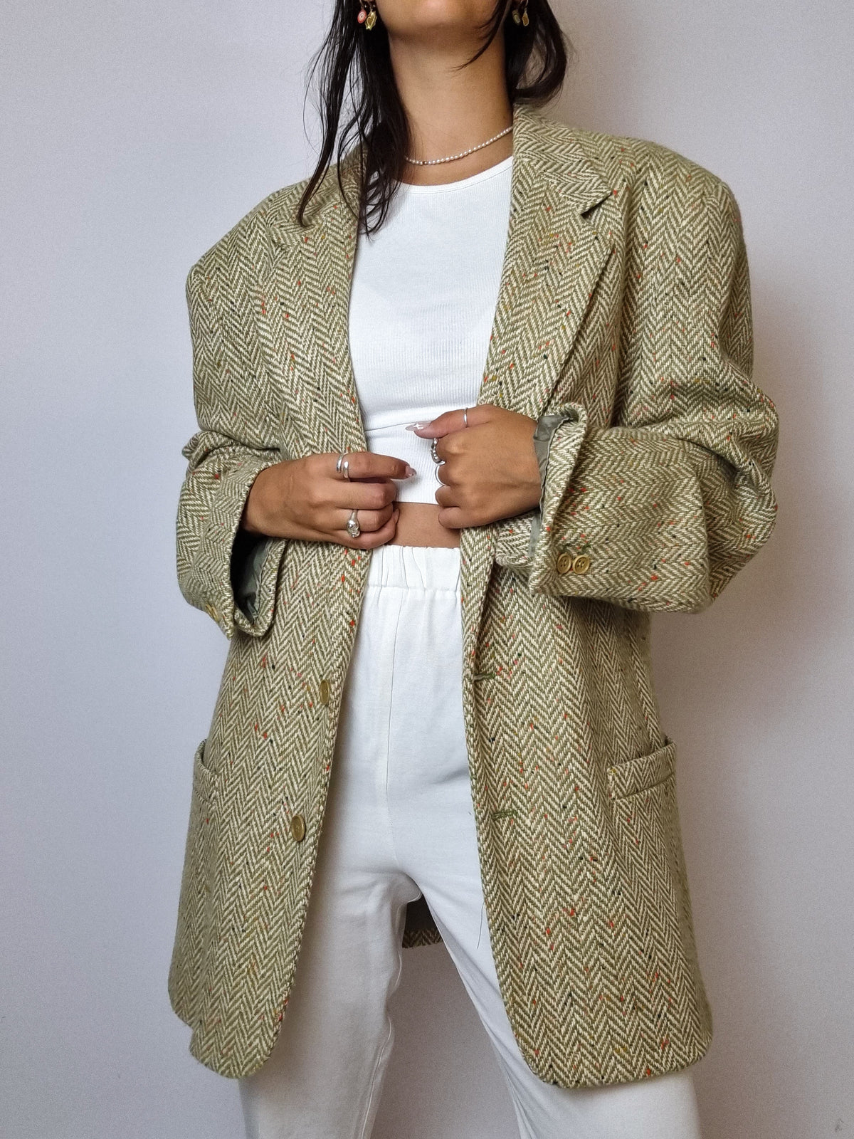 Veste blazer vintage à chevrons vert clair M/L