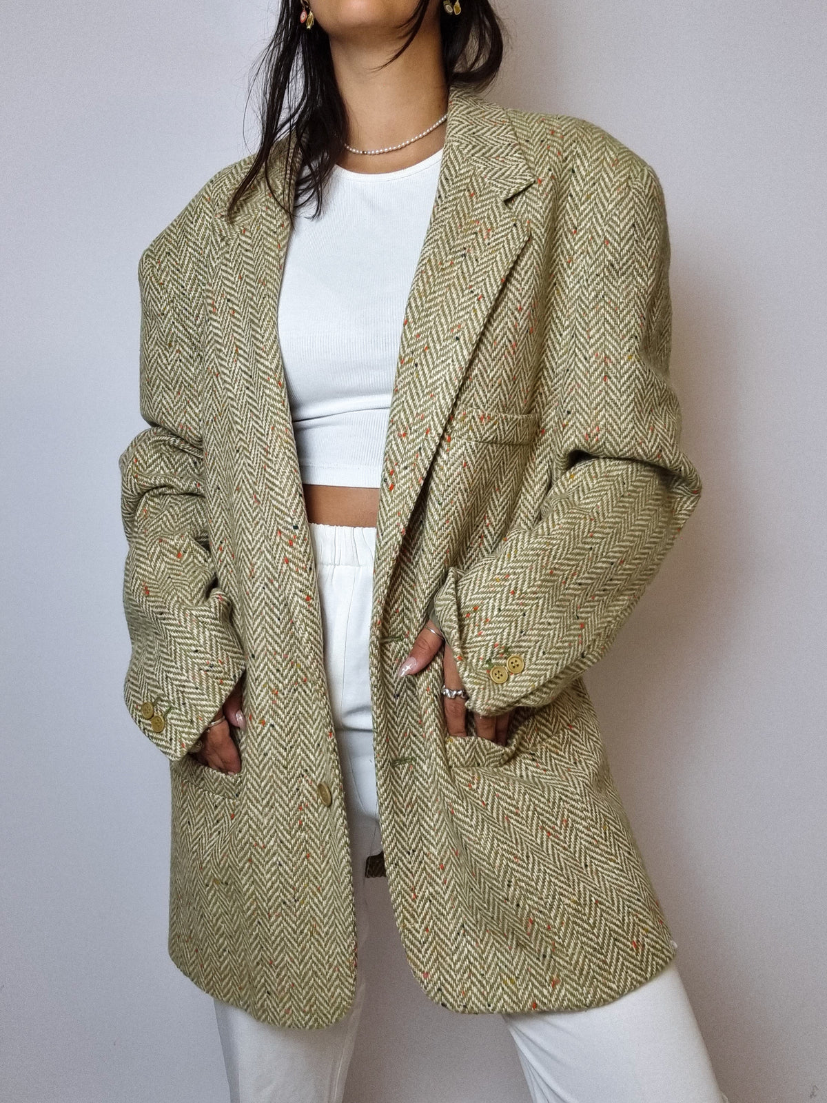 Veste blazer vintage à chevrons vert clair M/L