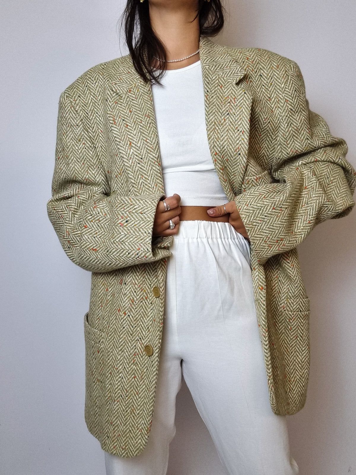 Veste blazer vintage à chevrons vert clair M/L