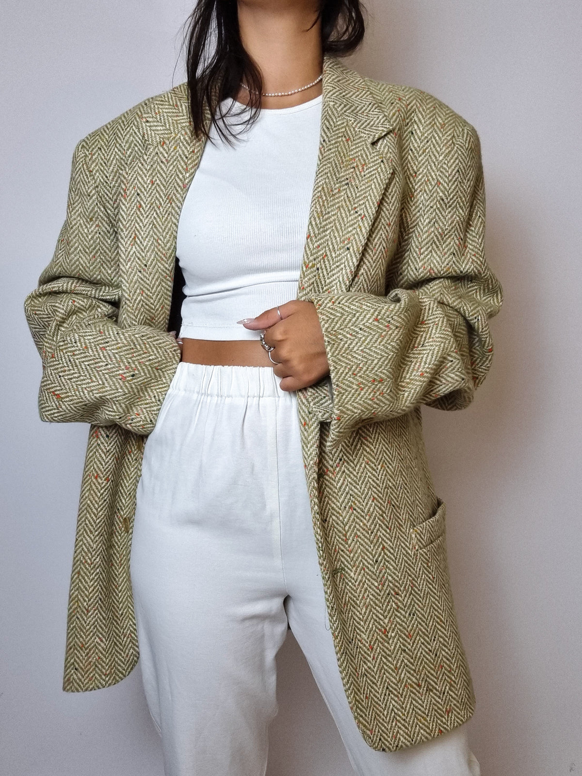 Veste blazer vintage à chevrons vert clair M/L