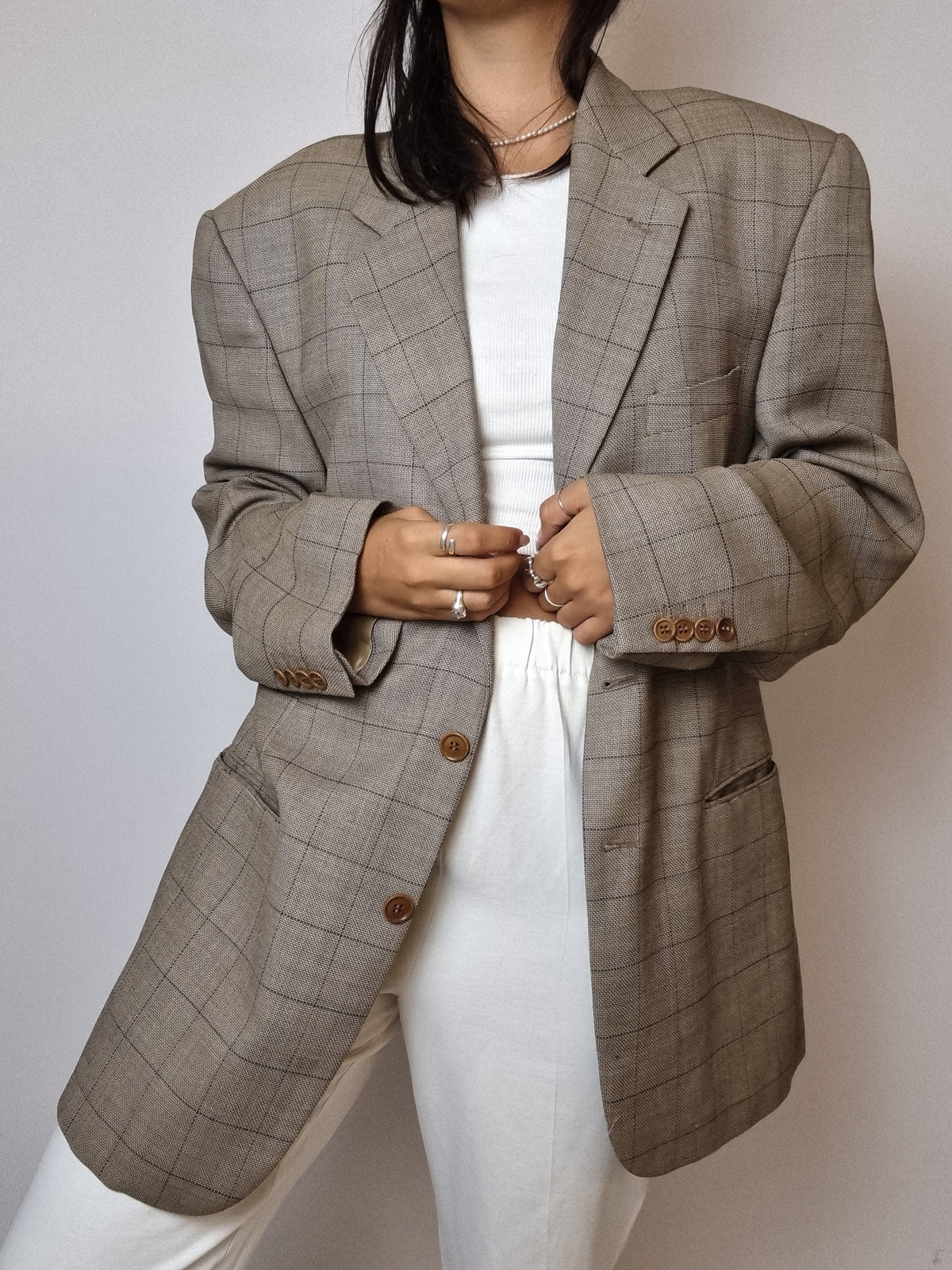 Veste blazer vintage à carreaux beige M/L