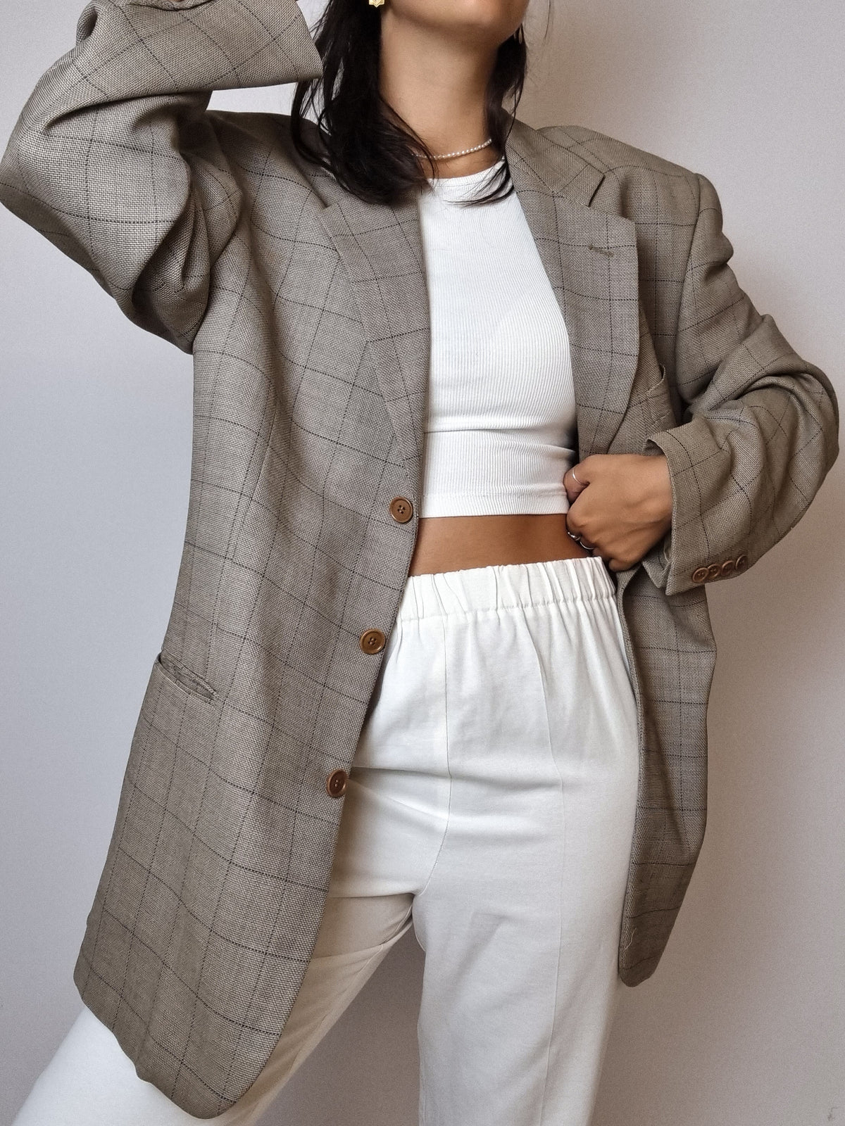 Veste blazer vintage à carreaux beige M/L