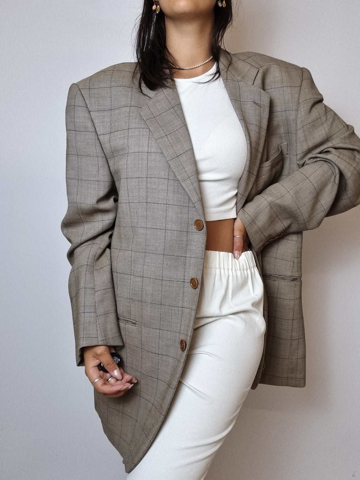 Veste blazer vintage à carreaux beige M/L