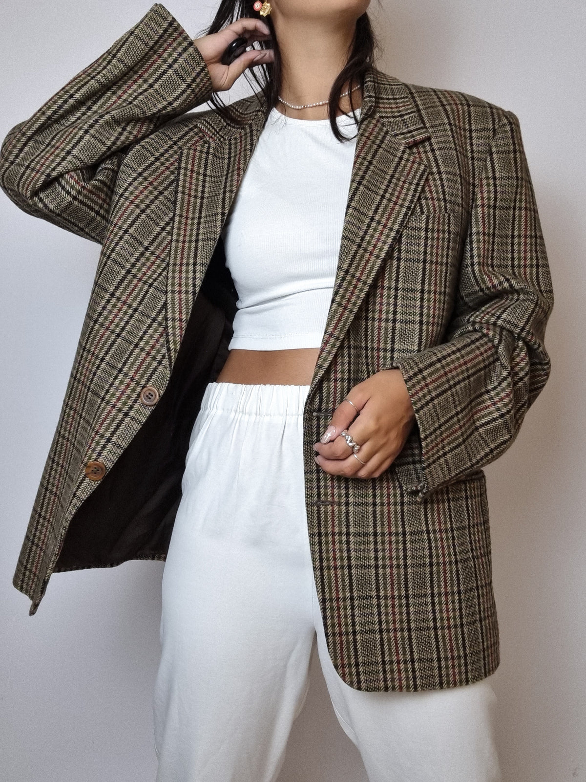 Veste blazer vintage à carreaux verts et rouges M/L