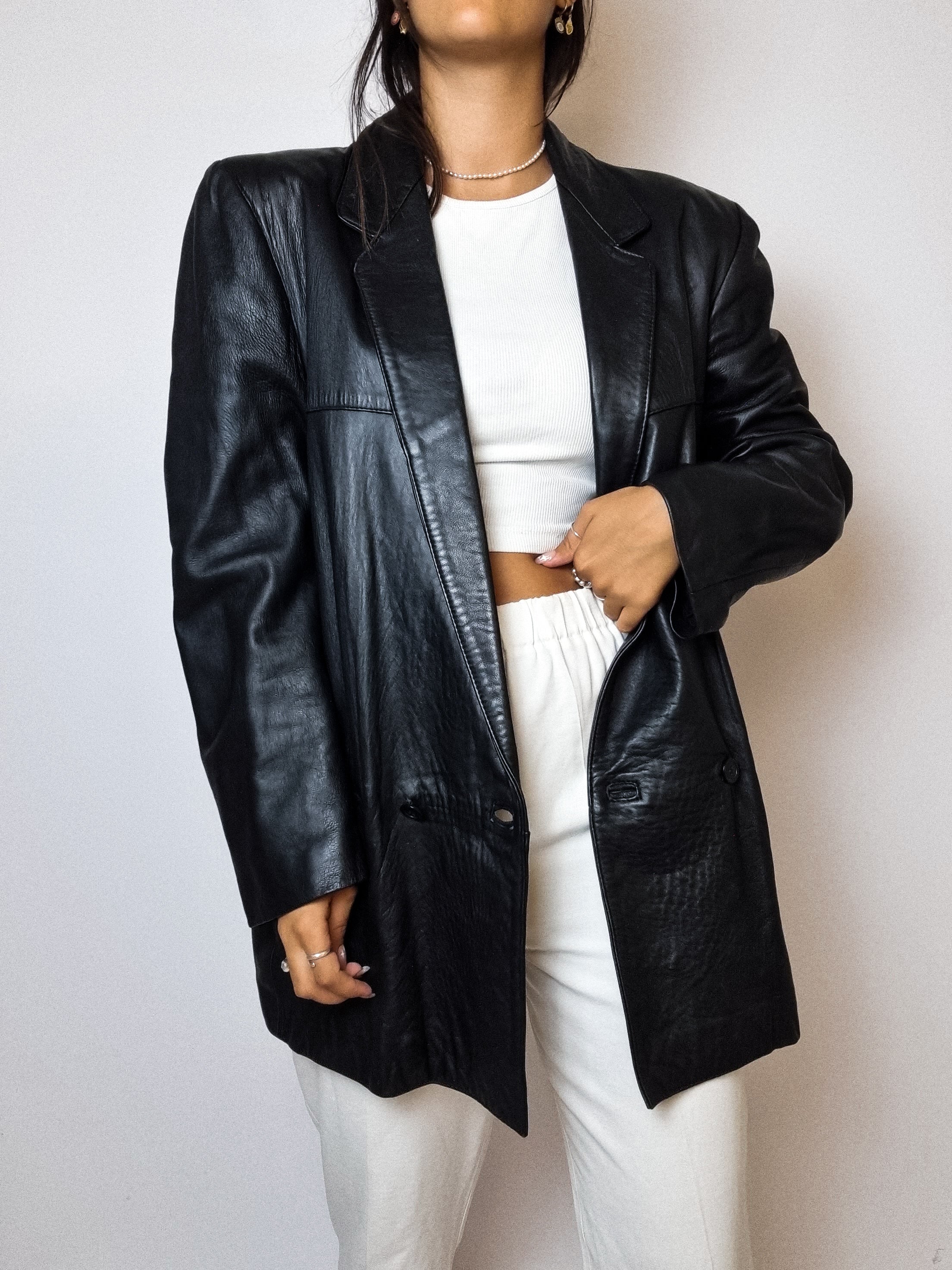 Black vintage leather blazer jacket M