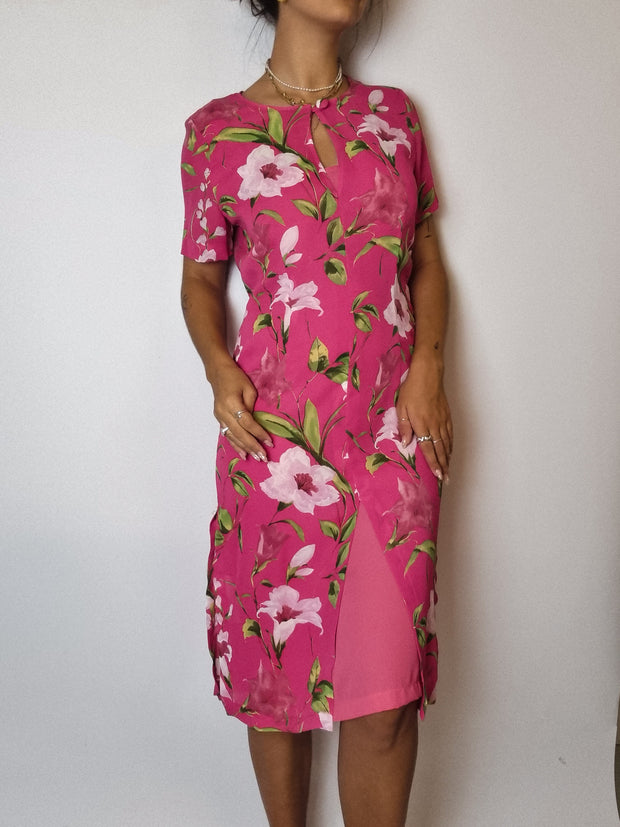 Fuchsia-Kleid mit Vintage-Blumen S/M