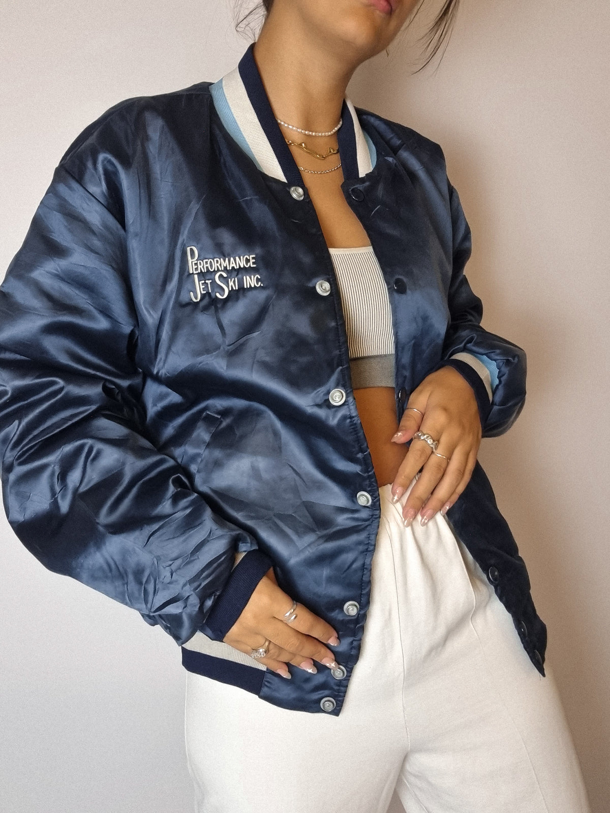 Blue satin American bomber jacket M 