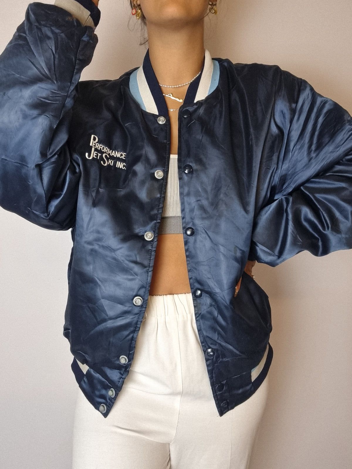 Blue satin American bomber jacket M 