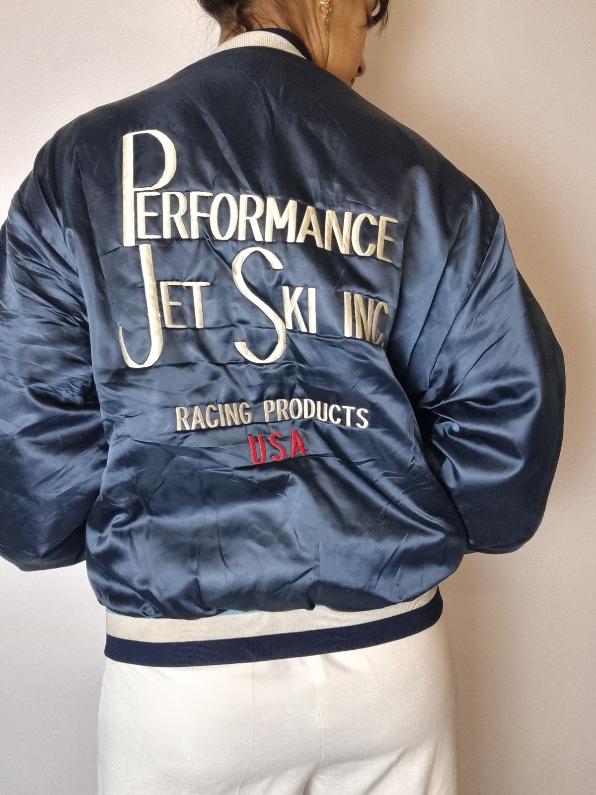 Blue satin American bomber jacket M 