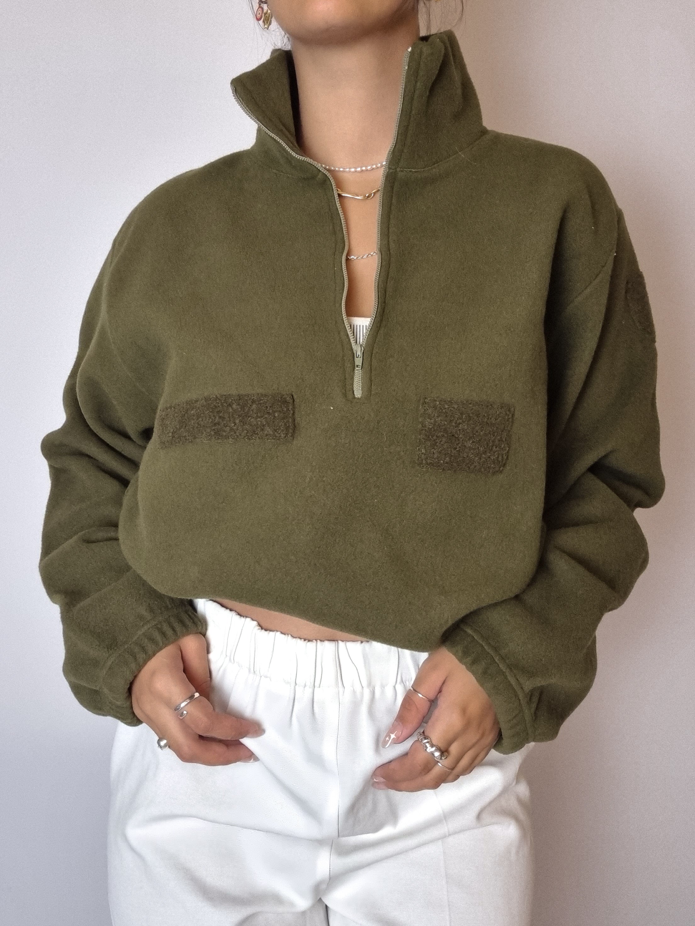 Polaire khaki à zip vintage S/M