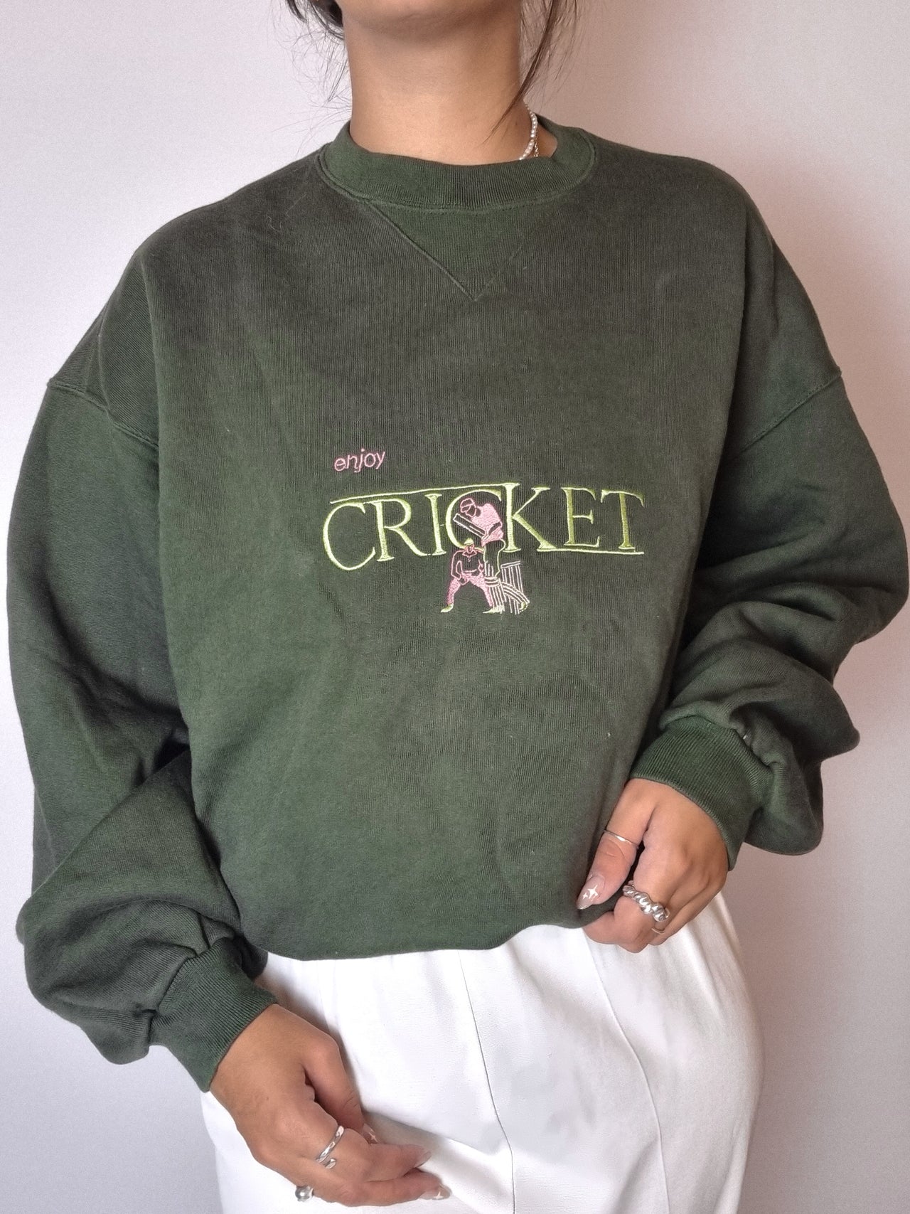 Khaki embroidered sweater with vintage fleece filling M 