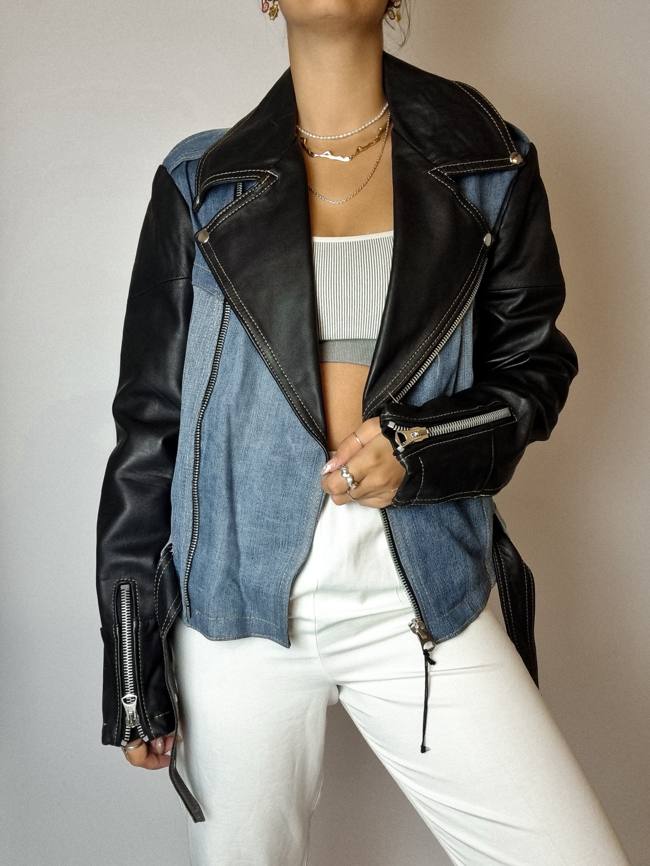 Vintage-Perfecto S aus Bi-Material-Leder und Denim 