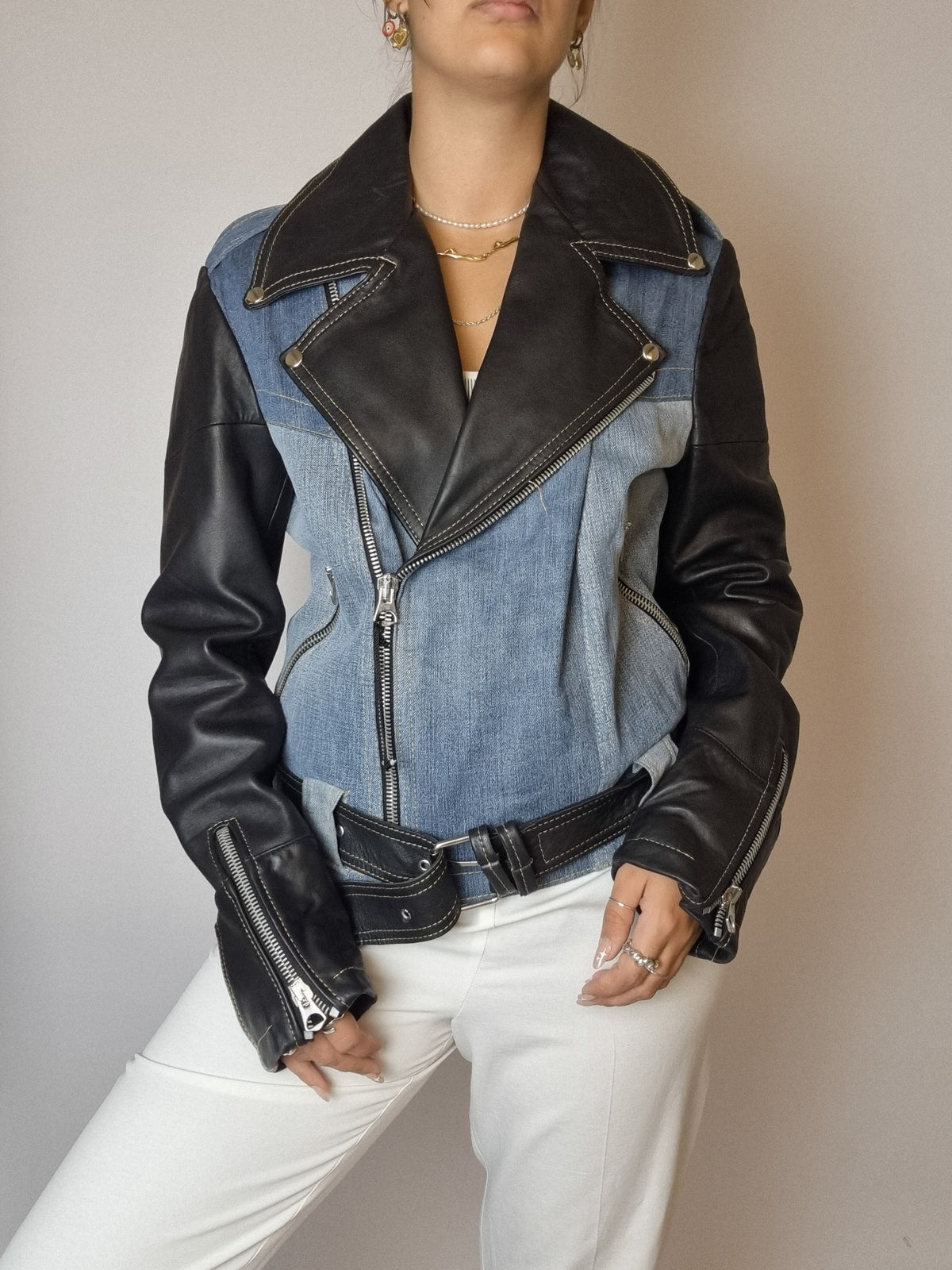 Perfecto bi-matière cuir et denim vintage S