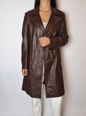 Trenchcoat en cuir brun vintage S/M