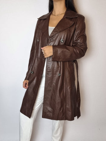 Trenchcoat en cuir brun vintage S/M