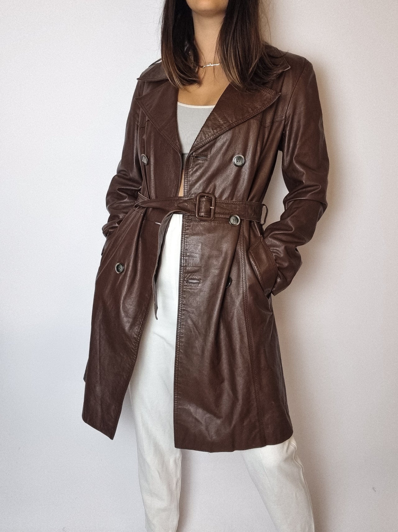 Trenchcoat en cuir brun vintage S/M