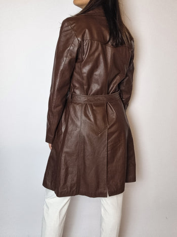 Trenchcoat en cuir brun vintage S/M