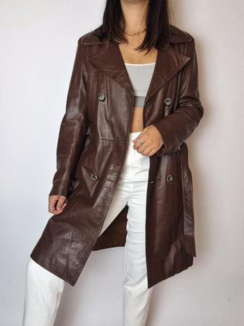 Trenchcoat en cuir brun vintage S/M