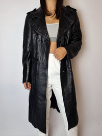 Vintage schwarzer Leder-Trenchcoat S/M 