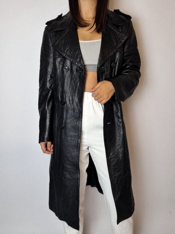 Trenchcoat en cuir noir vintage S/M