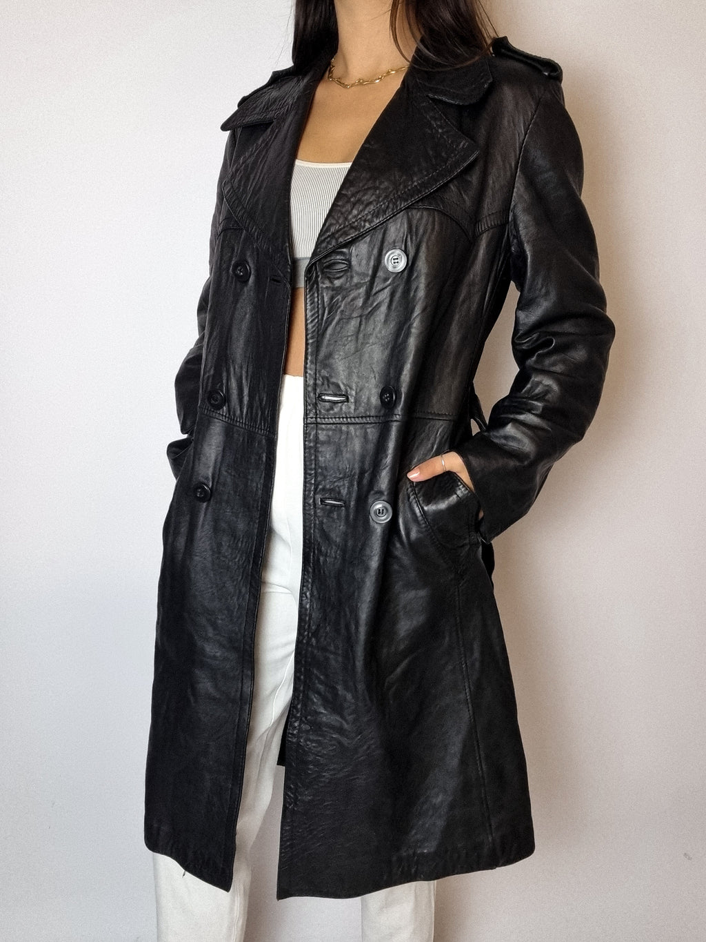 Vintage schwarzer Leder-Trenchcoat S/M 