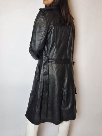 Trenchcoat en cuir noir vintage S/M